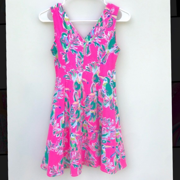 Dahlia Fit & Flare Dragonfruit Toucan Dress XXS - Picture 3 of 7